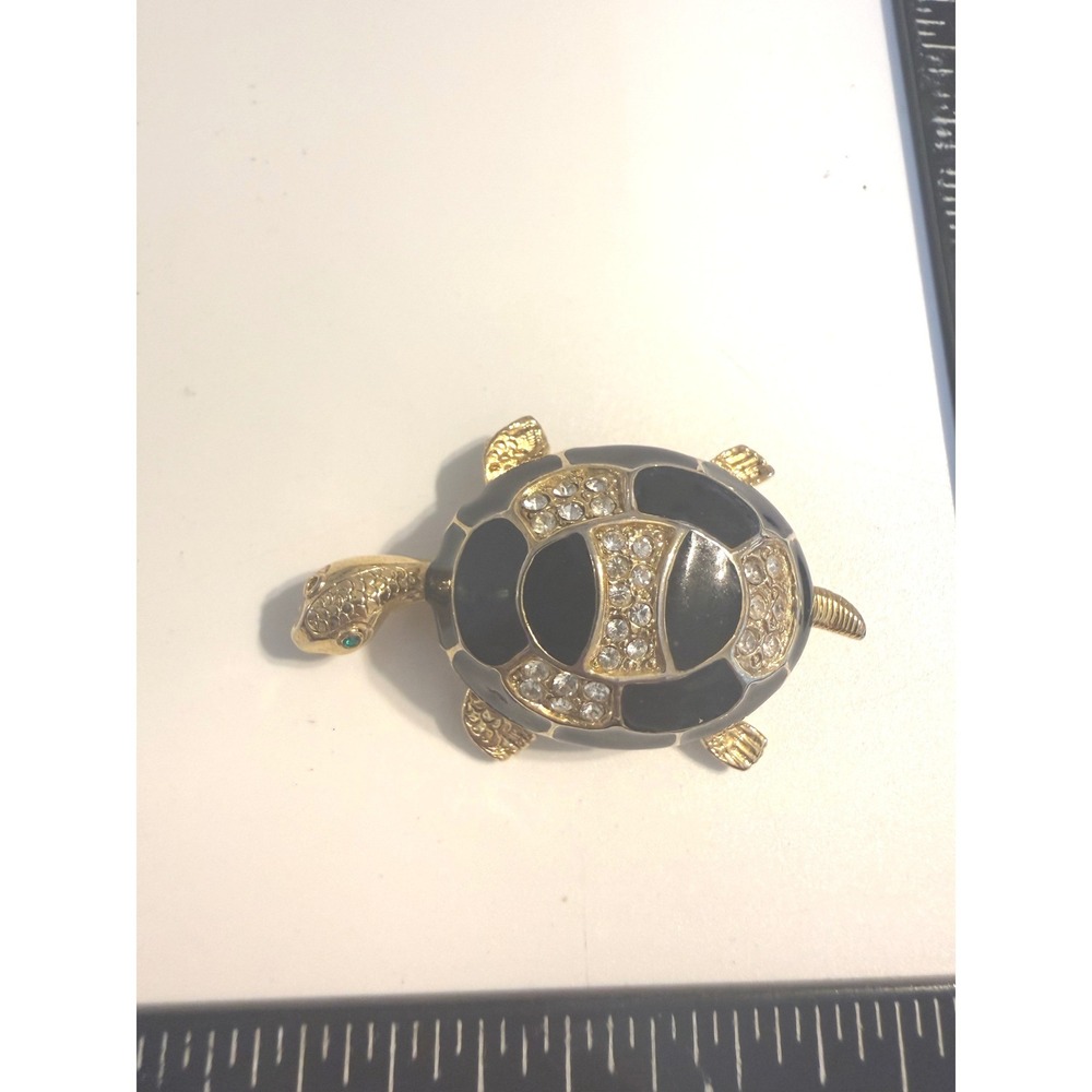 Craft Turtle Brooch Gold Tone Black Enamel Rhinestone Animal Pin Green Eye